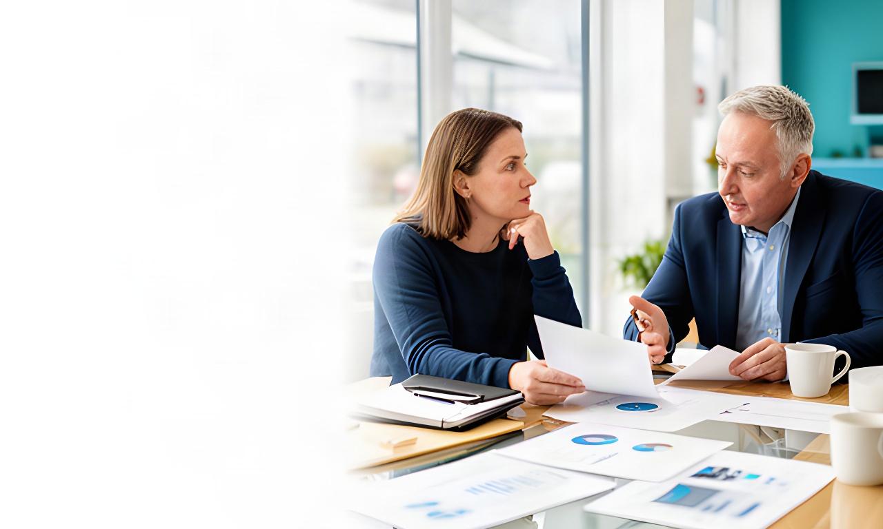 Owner-director and financial adviser reviewing retirement and business plans at a bright meeting table