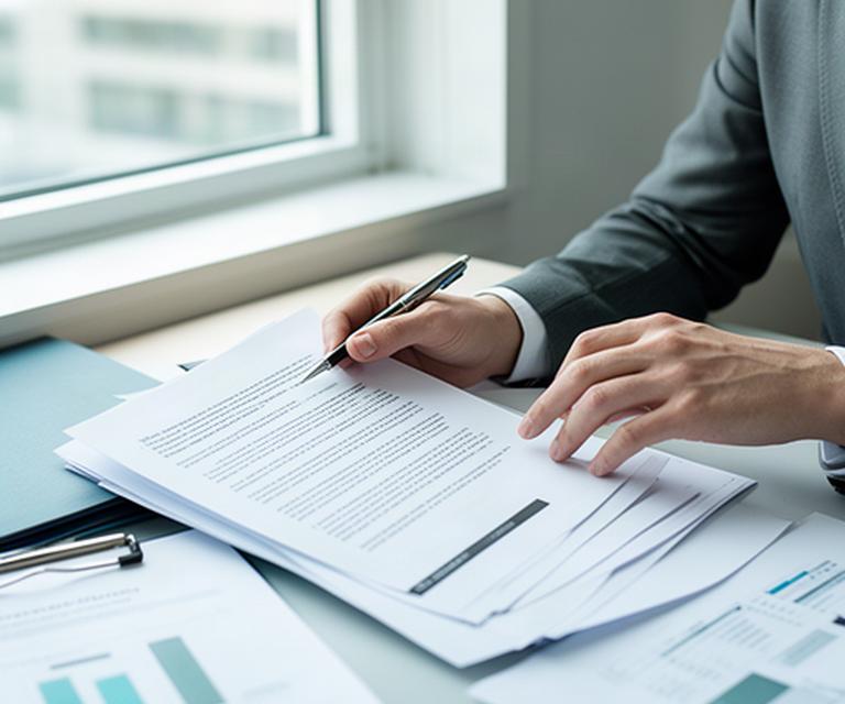 Professional adviser examining a marked-up contract and financial notes beside a window